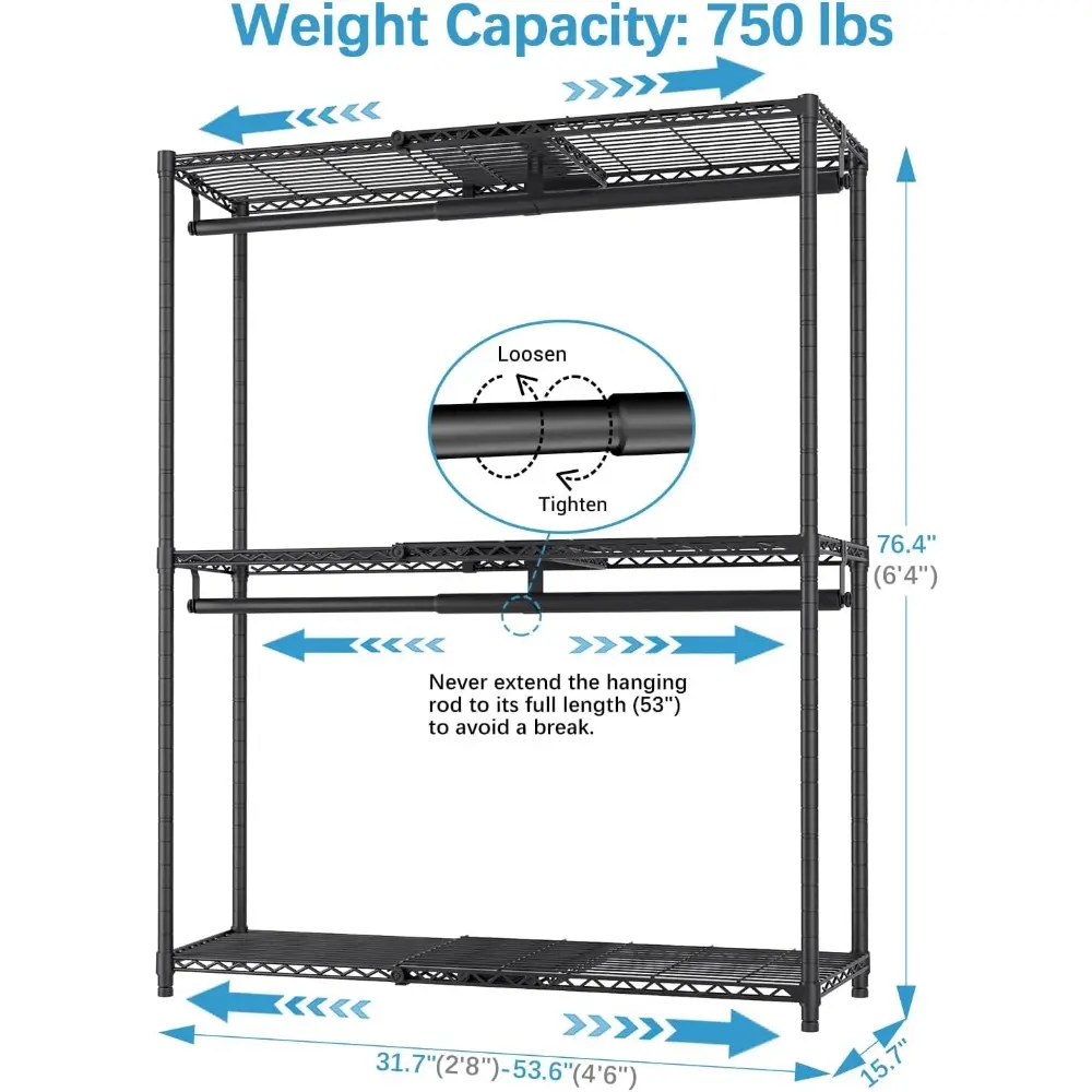 X1 Plus Expandable Reach-in Closet Adjustable from 2'8" to 4'6" with Adjustable Shelves and Hanger Rods Clothes Rack Heavy Duty