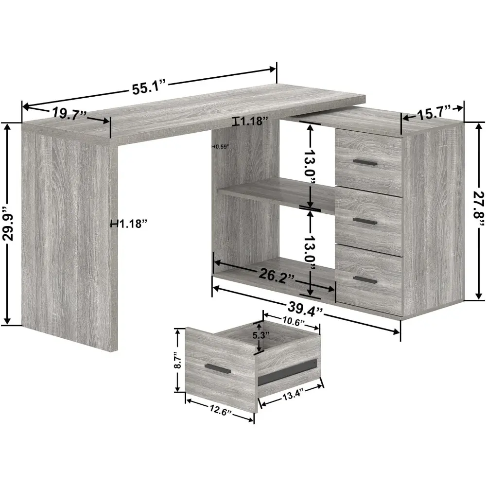 L Shape Desk with Drawers, L-Shaped Desk with Storage Cabinet Shelves, Home Office Corner Computer Desk for Executive Writing,