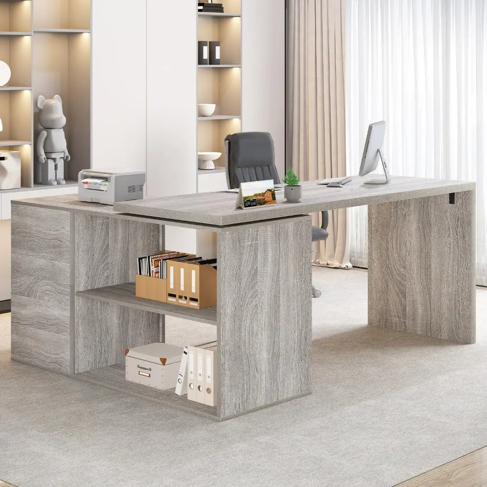 L Shape Desk with Drawers, L-Shaped Desk with Storage Cabinet Shelves, Home Office Corner Computer Desk for Executive Writing,