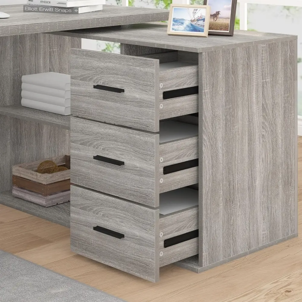 L Shape Desk with Drawers, L-Shaped Desk with Storage Cabinet Shelves, Home Office Corner Computer Desk for Executive Writing,