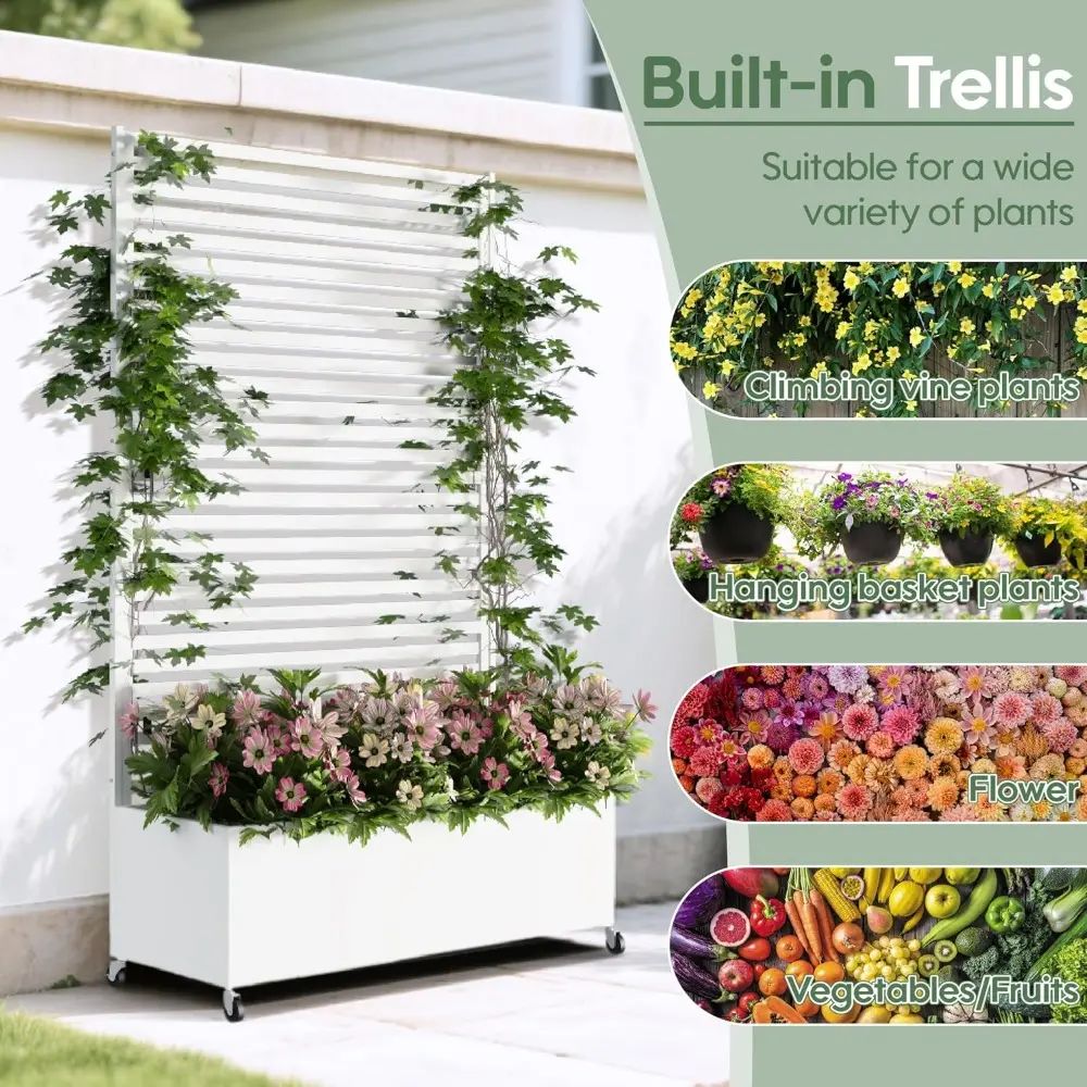 Metal Planter Box with Trellis Privacy Screen, Raised Garden Bed with Trellis & Wheels, Privacy Planters for Patio, Planter Box