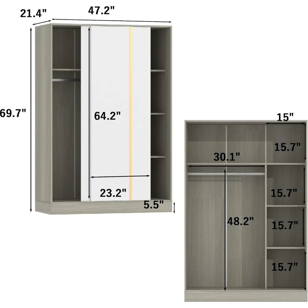 Wardrobe Closet with Sliding Doors & Hanging Rod, Wooden Bedroom Armoire Clothing Storage Cabinet with 5 Storage Compartments,