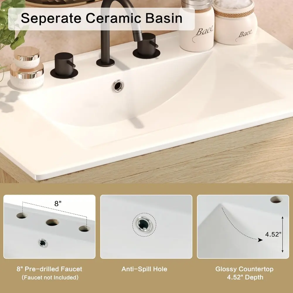 Merax 30" Bathroom Vanity with Ceramic Sink and 2 Full-Extension Drawers Freestanding Undermount Sink Cabinet, Natural
