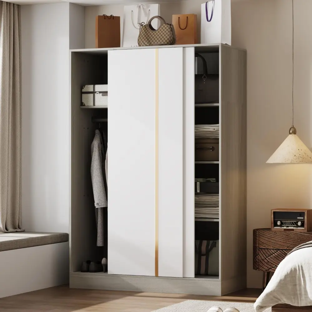 Wardrobe Closet with Sliding Doors & Hanging Rod, Wooden Bedroom Armoire Clothing Storage Cabinet with 5 Storage Compartments,