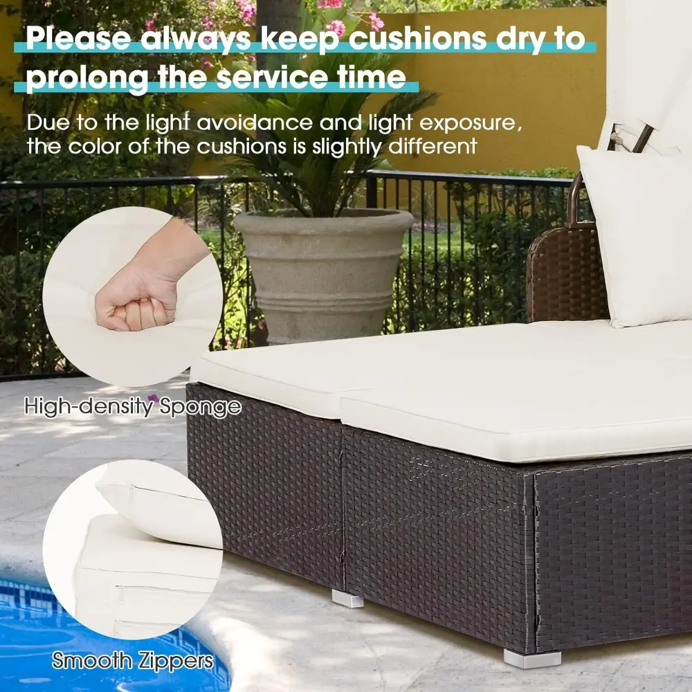 Outdoor Daybed with Retractable Canopy, Wicker Patio Furniture Set with Cushioned Pillows, Patio Rattan Daybed for Deck, Backya