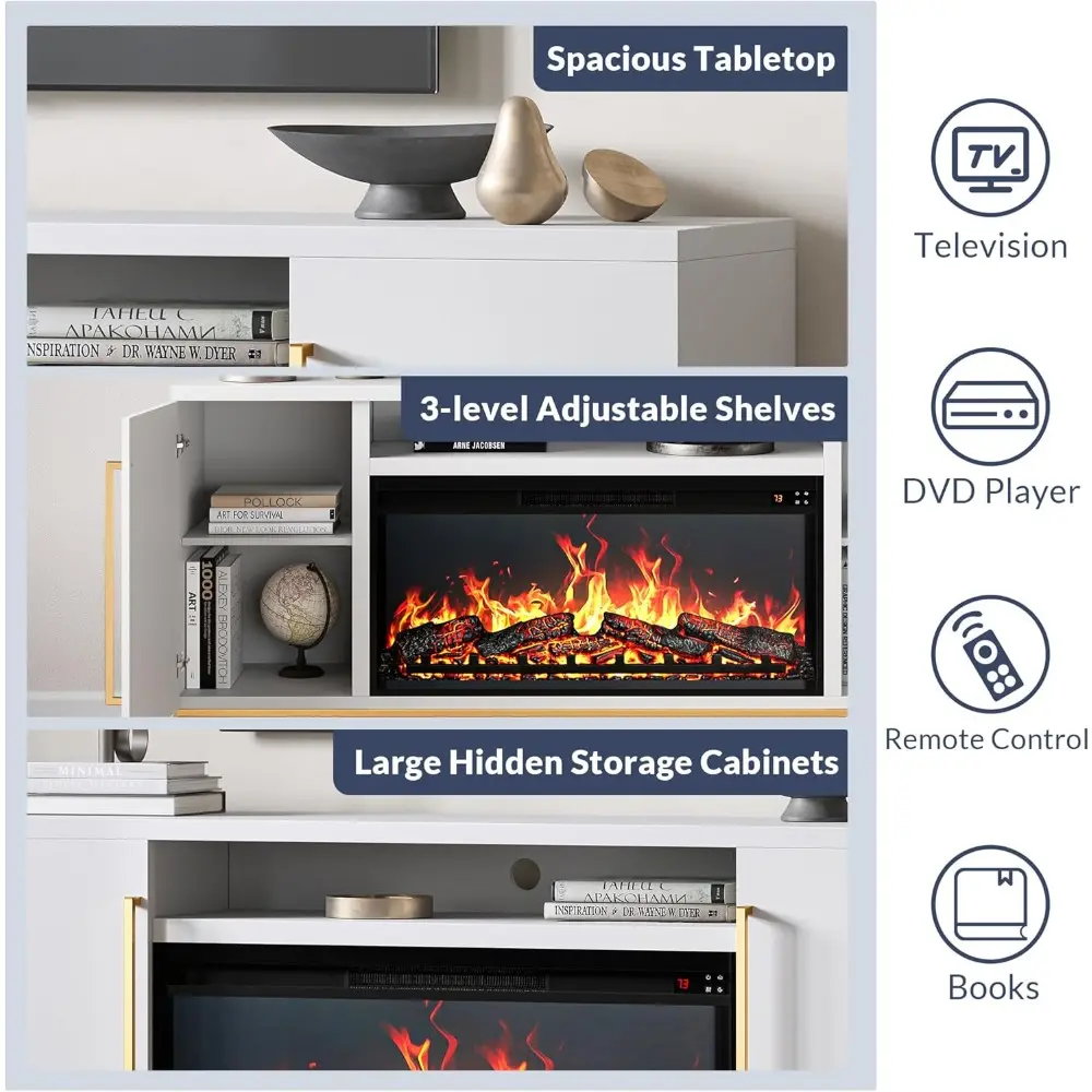 68" TV Stand with 36" Electric Fireplace Heater with Sound, Entertainment Center for TVs Up to 75", Console Table with Storage