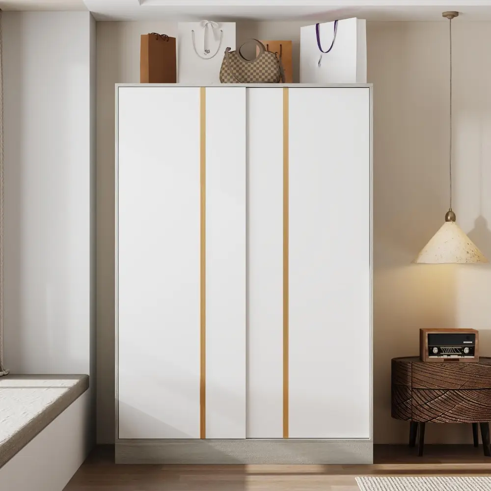 Wardrobe Closet with Sliding Doors & Hanging Rod, Wooden Bedroom Armoire Clothing Storage Cabinet with 5 Storage Compartments,