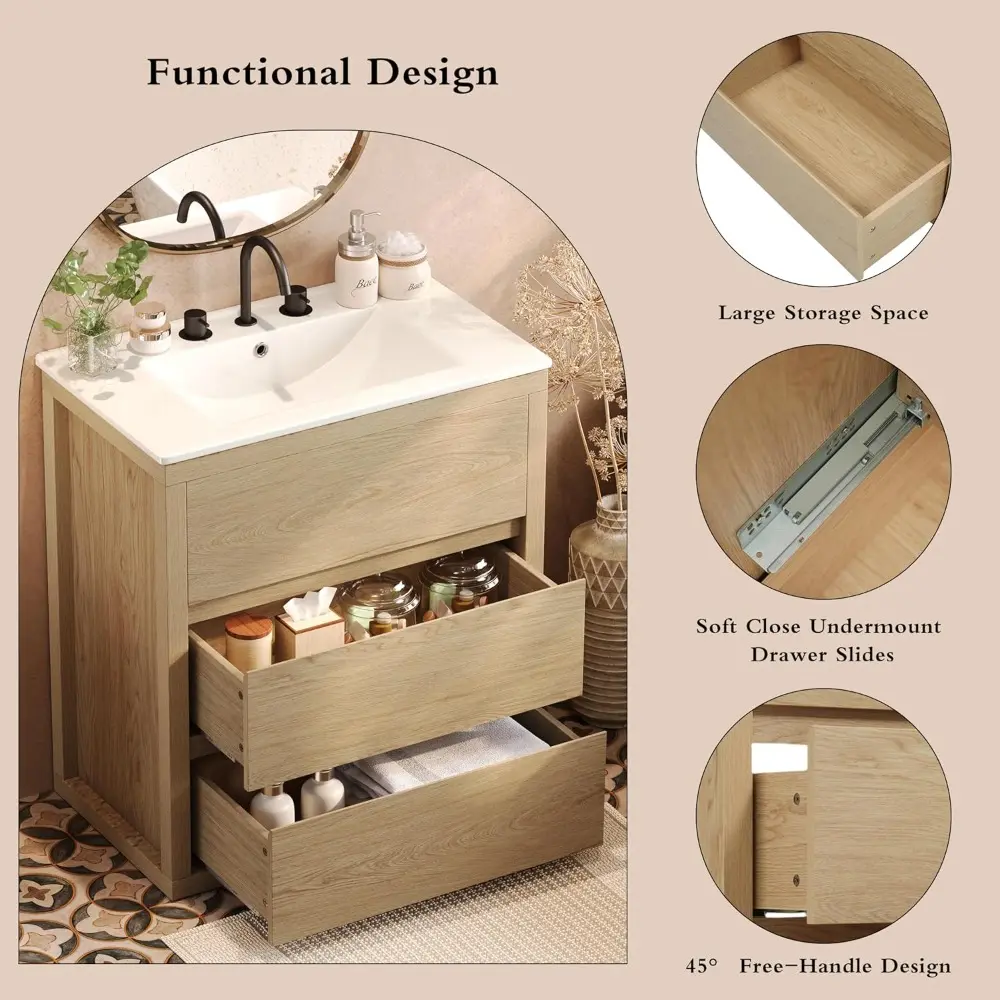 Merax 30" Bathroom Vanity with Ceramic Sink and 2 Full-Extension Drawers Freestanding Undermount Sink Cabinet, Natural
