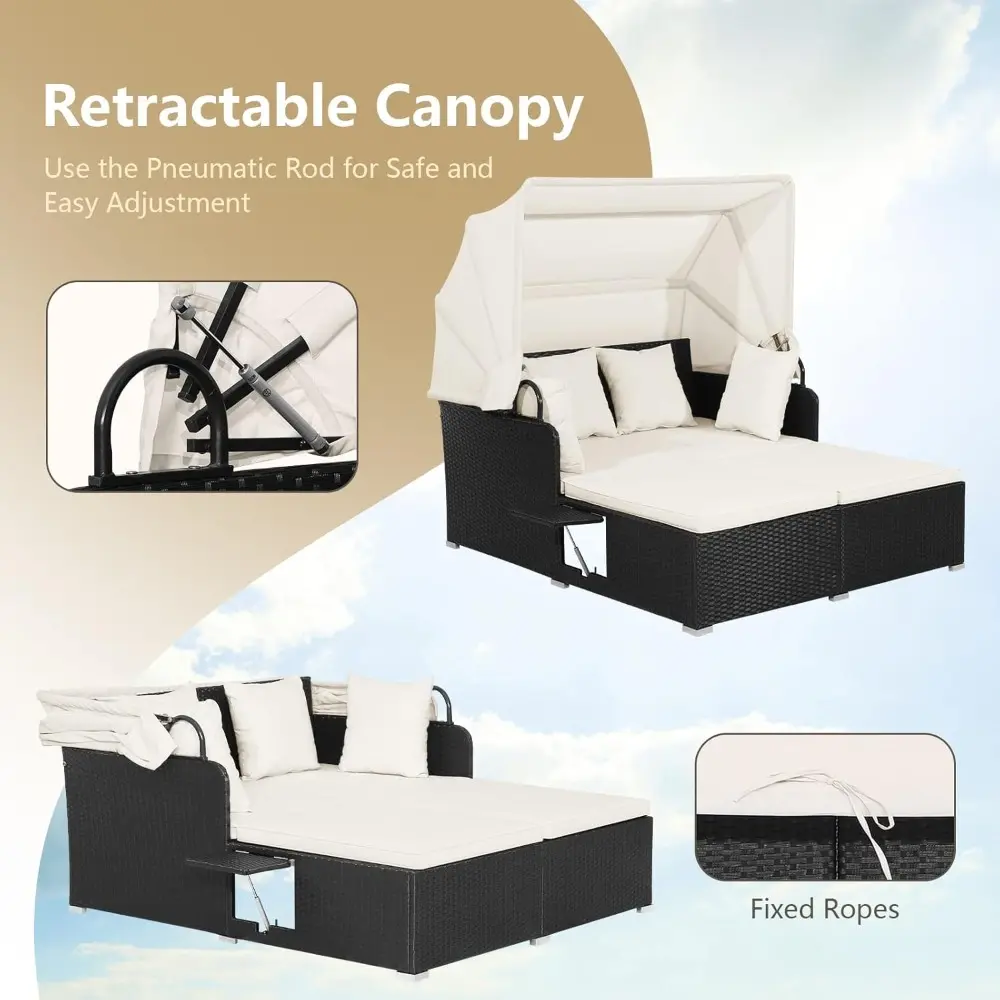 Outdoor Daybed with Retractable Canopy, Wicker Patio Furniture Set with Cushioned Pillows, Patio Rattan Daybed for Deck, Backya