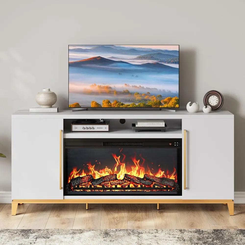 68" TV Stand with 36" Electric Fireplace Heater with Sound, Entertainment Center for TVs Up to 75", Console Table with Storage