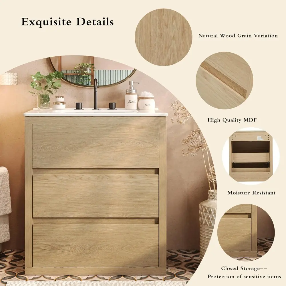 Merax 30" Bathroom Vanity with Ceramic Sink and 2 Full-Extension Drawers Freestanding Undermount Sink Cabinet, Natural
