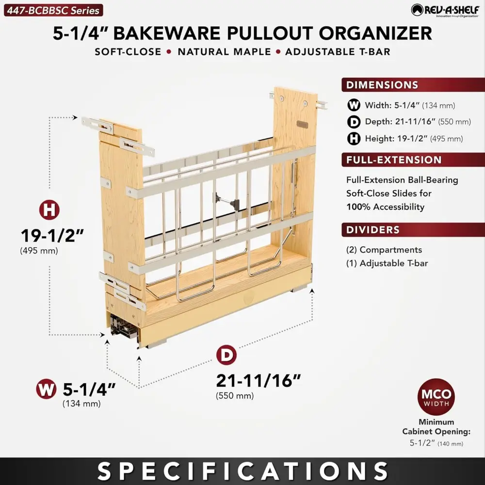 Rev-A-Shelf 5" Pullout Wooden Bakeware Organizer Shelf for Base Kitchen Cabinets w/Soft-Close and 100 Pound Ball-Bearings, 447-B
