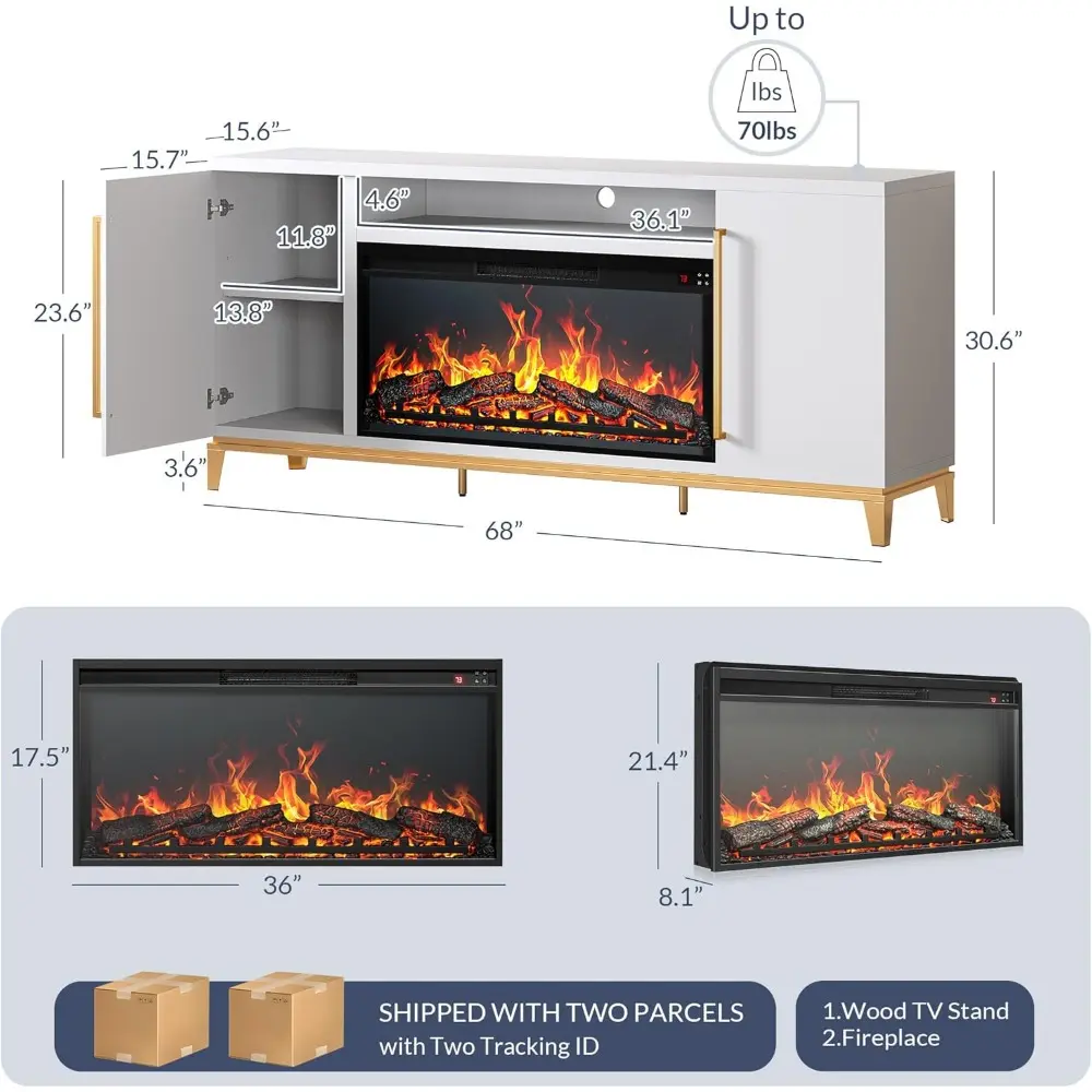 68" TV Stand with 36" Electric Fireplace Heater with Sound, Entertainment Center for TVs Up to 75", Console Table with Storage