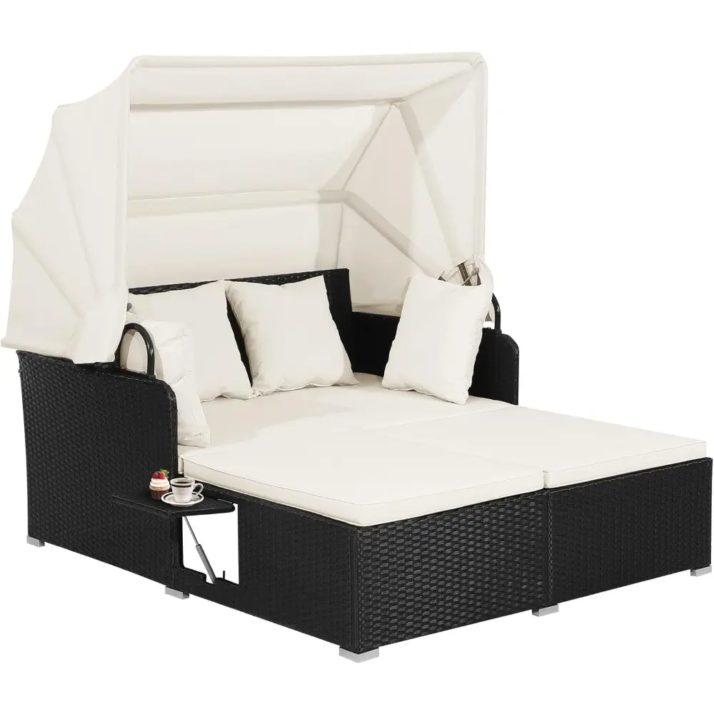 Outdoor Daybed with Retractable Canopy, Wicker Patio Furniture Set with Cushioned Pillows, Patio Rattan Daybed for Deck, Backya
