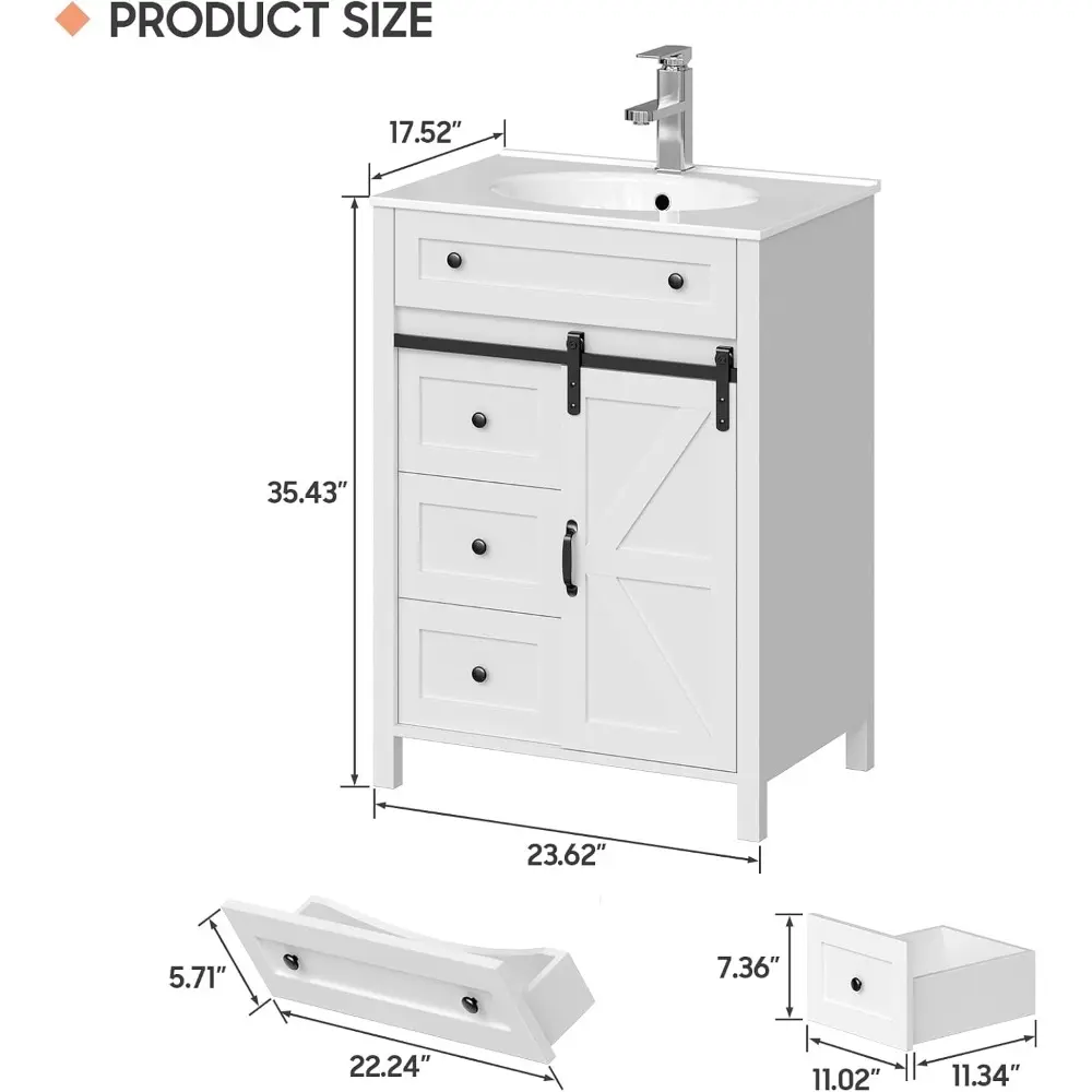 24 Inch Bathroom Vanity with Sink Combo, Freestanding Bathroom Storage Cabinet with 4 Drawers and Sliding Door, Vintage Vanity