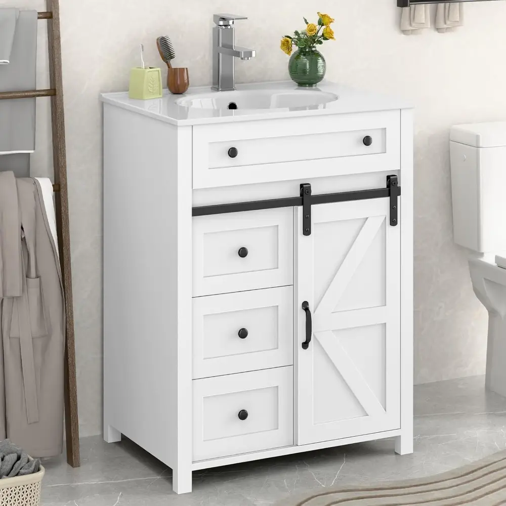 24 Inch Bathroom Vanity with Sink Combo, Freestanding Bathroom Storage Cabinet with 4 Drawers and Sliding Door, Vintage Vanity