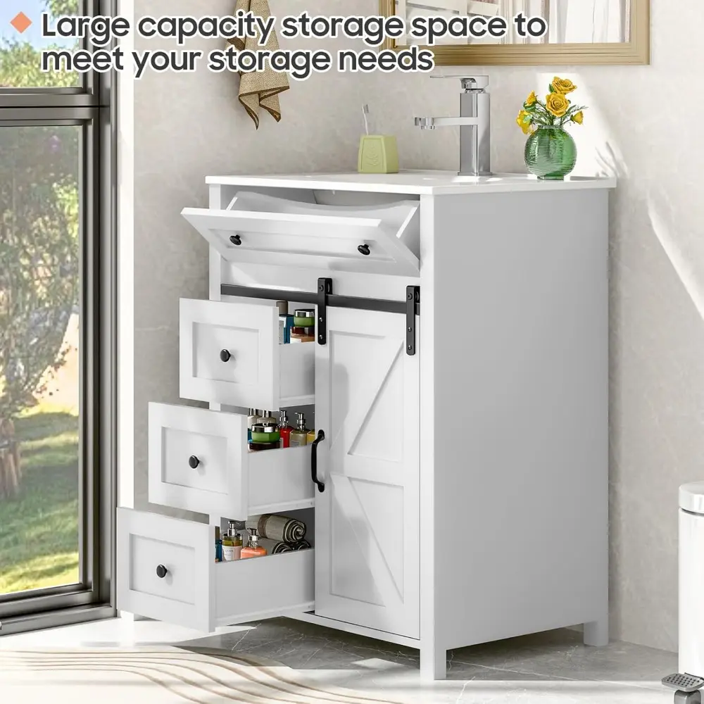 24 Inch Bathroom Vanity with Sink Combo, Freestanding Bathroom Storage Cabinet with 4 Drawers and Sliding Door, Vintage Vanity