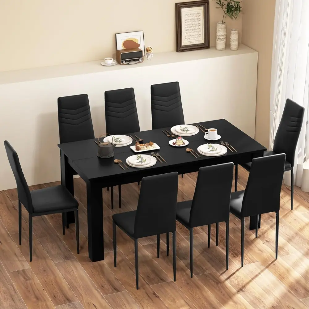 9-Pieces Dining Table Set for 6-8, Modern Rectangular Kitchen Table with 8 PVC Leather Dining Chairs, 330Lbs Space-Saving Dinet