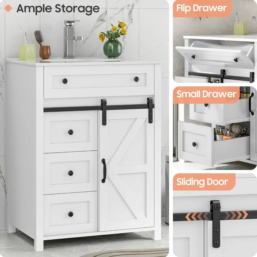 24 Inch Bathroom Vanity with Sink Combo, Freestanding Bathroom Storage Cabinet with 4 Drawers and Sliding Door, Vintage Vanity