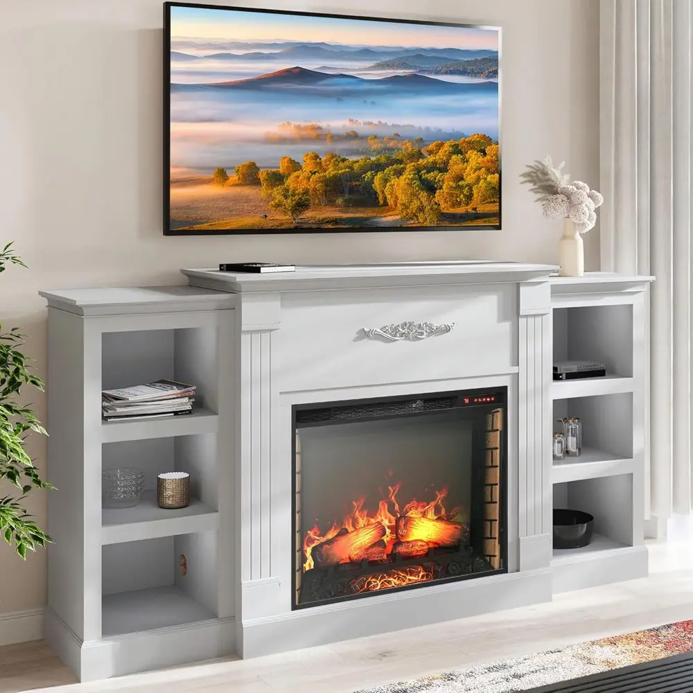 Modern 70" Electric Fireplace Heater Mantel TV Stand & Media Entertainment Center for TVs up to 68" with Energy-Efficient Heate
