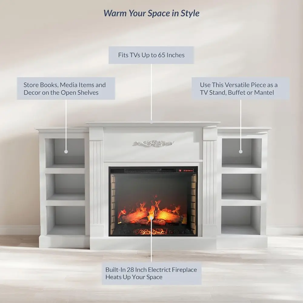Modern 70" Electric Fireplace Heater Mantel TV Stand & Media Entertainment Center for TVs up to 68" with Energy-Efficient Heate