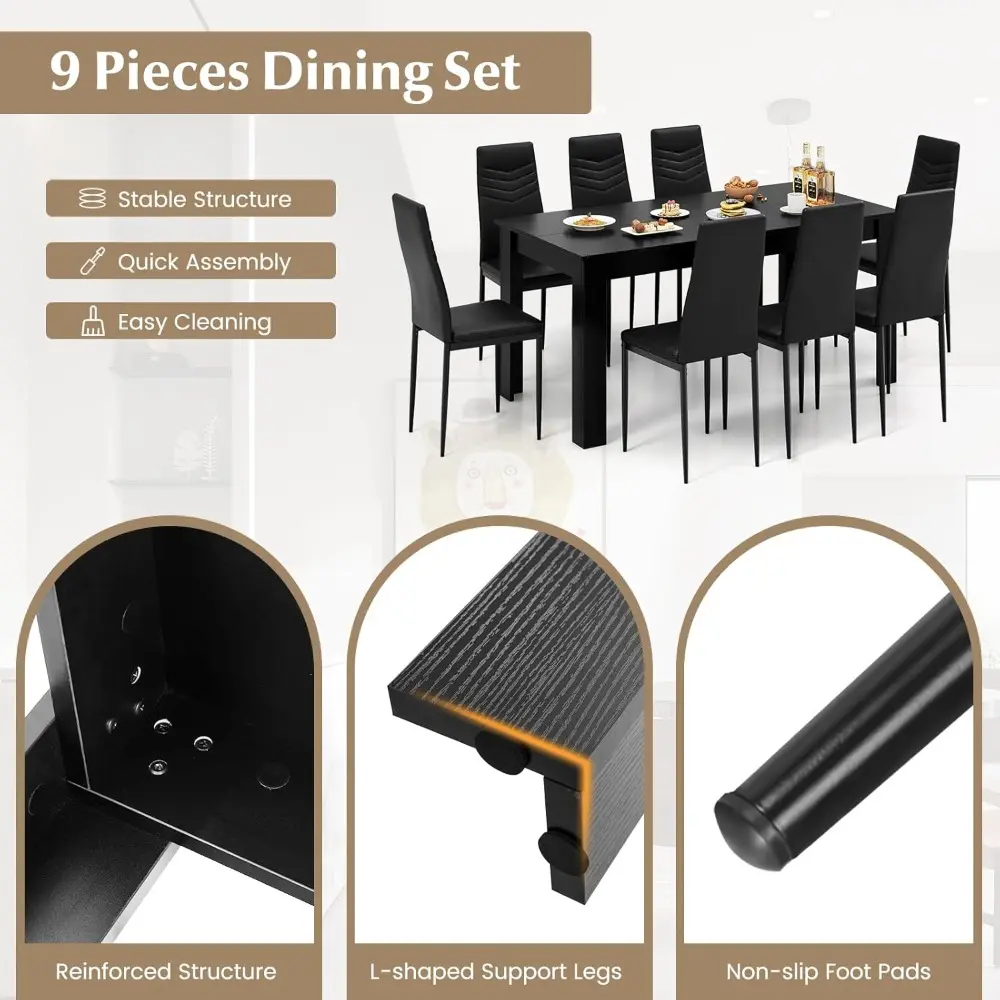 9-Pieces Dining Table Set for 6-8, Modern Rectangular Kitchen Table with 8 PVC Leather Dining Chairs, 330Lbs Space-Saving Dinet