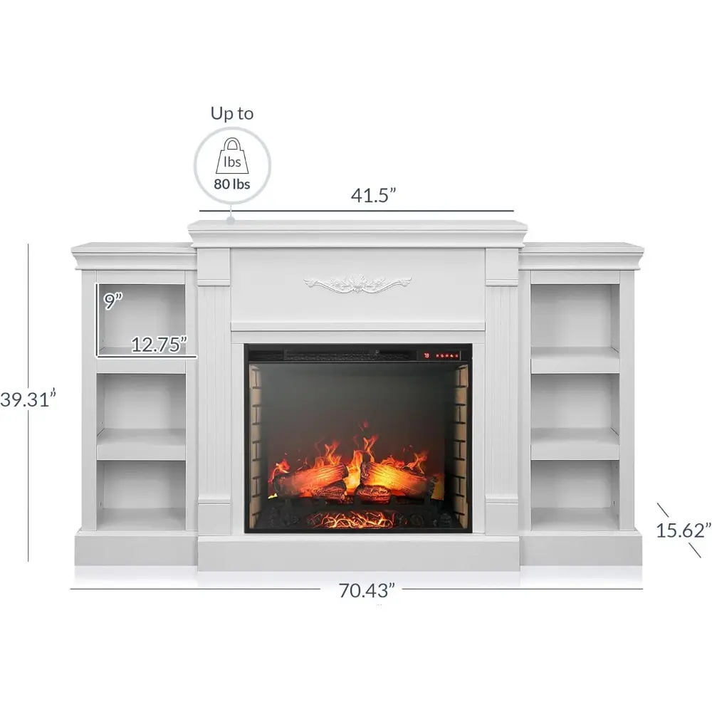 Modern 70" Electric Fireplace Heater Mantel TV Stand & Media Entertainment Center for TVs up to 68" with Energy-Efficient Heate