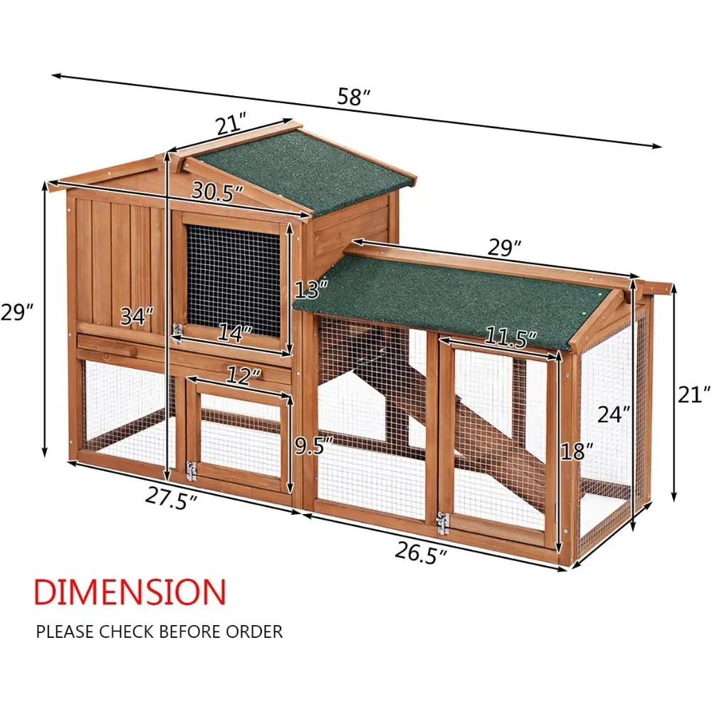 Rabbit Hutch, 58 Inches Outdoor Large Wooden Bunny Cage Chicken Coop with Ventilation Door, Removable Tray & Ramp
