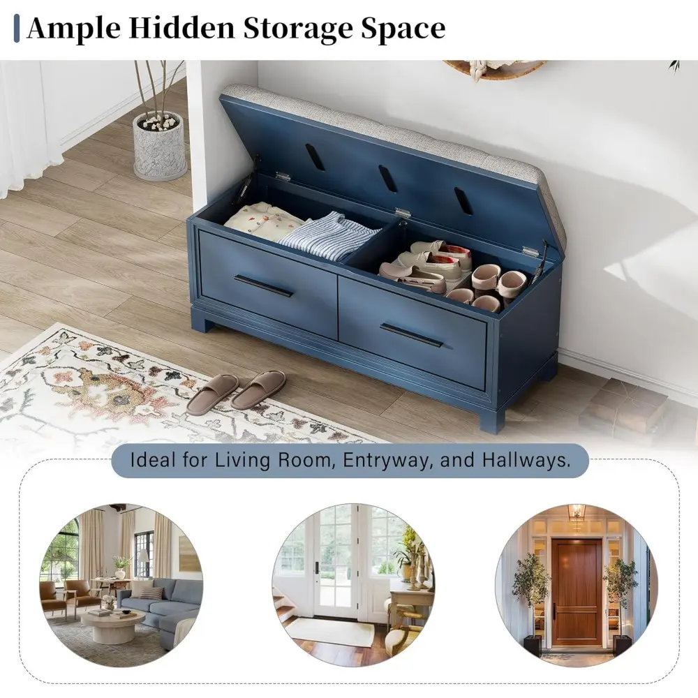 Shoe Bench with Removable Cushion & Hidden Storage,Entryway Bench with Soft Seat & Pine Frame,350lb Capacity,Storage Seating wi