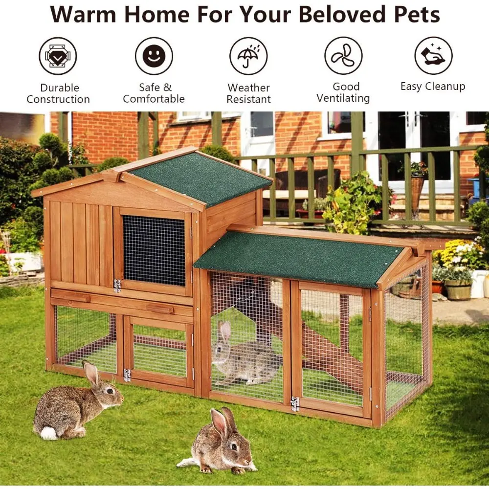 Rabbit Hutch, 58 Inches Outdoor Large Wooden Bunny Cage Chicken Coop with Ventilation Door, Removable Tray & Ramp