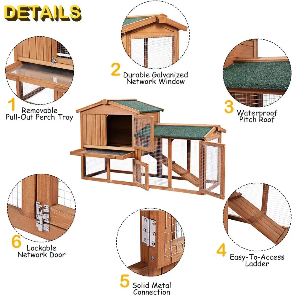 Rabbit Hutch, 58 Inches Outdoor Large Wooden Bunny Cage Chicken Coop with Ventilation Door, Removable Tray & Ramp