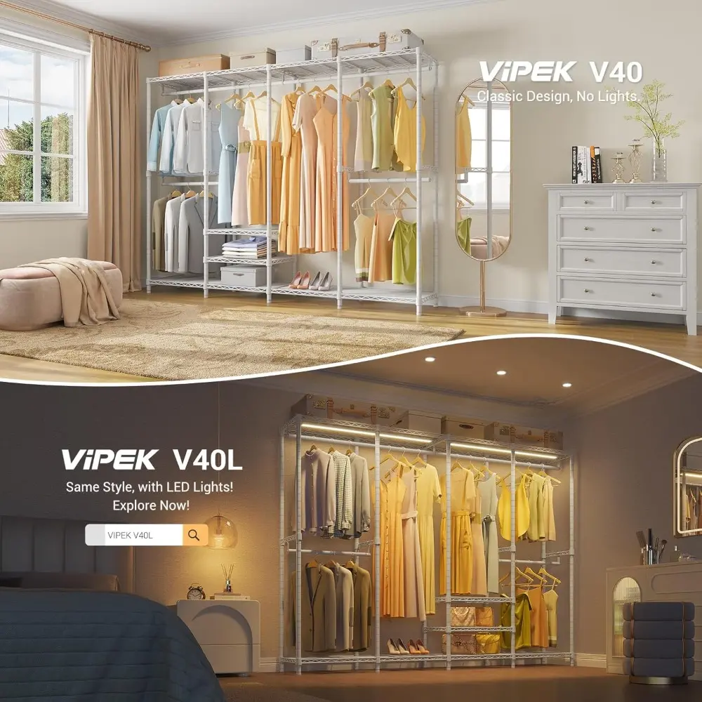 V40 Wire Garment Rack Heavy Duty Clothes Racks for Hanging Clothes, Multi-Functional Bedroom Clothing Racks Freestanding Closet