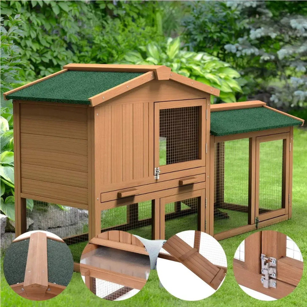 Rabbit Hutch, 58 Inches Outdoor Large Wooden Bunny Cage Chicken Coop with Ventilation Door, Removable Tray & Ramp