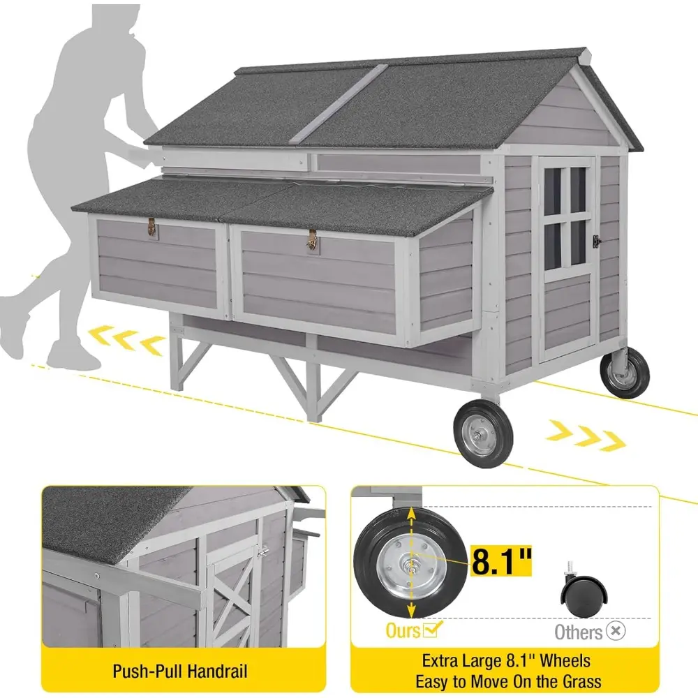 Chicken Coop Mobile Wooden Hen House with Nesting Box,Large Poultry Cage Upgrade with Strong Iron Frame,Durable & Waterproof