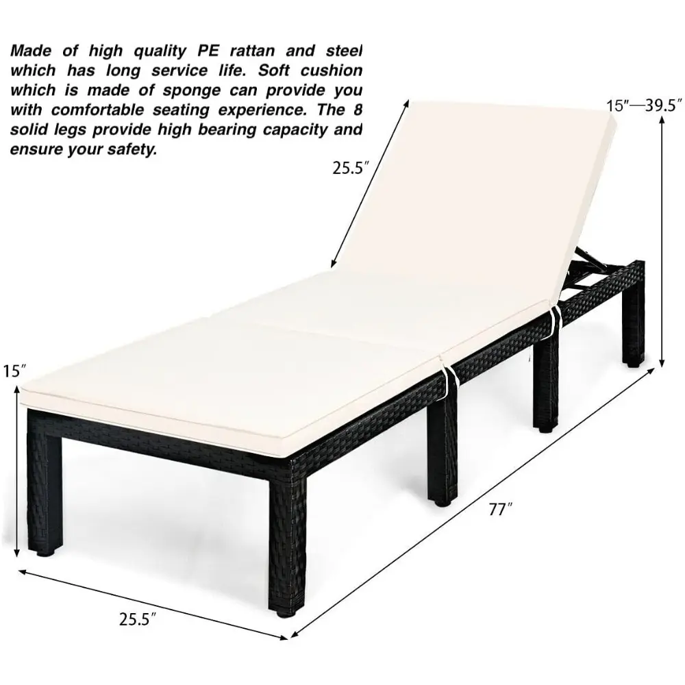 Outdoor Patio Rattan Lounge Chair Chaise Lounge Lounger Recliner Chair Sunbathing Bed Soft Cushion 6 Level Adjustable Backrest S
