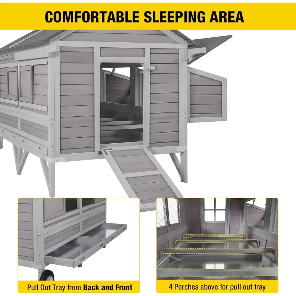 Chicken Coop Mobile Wooden Hen House with Nesting Box,Large Poultry Cage Upgrade with Strong Iron Frame,Durable & Waterproof