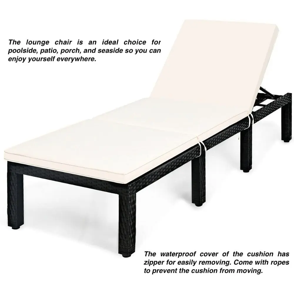 Outdoor Patio Rattan Lounge Chair Chaise Lounge Lounger Recliner Chair Sunbathing Bed Soft Cushion 6 Level Adjustable Backrest S