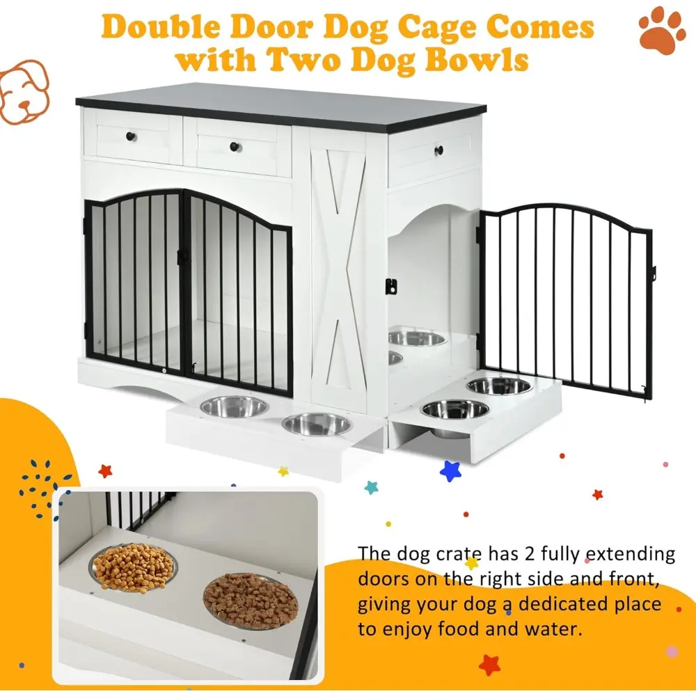 43.3" Farmhouse Dog Crate Furniture, Heavy Duty Dog Crate with 3 Drawers, Indoor Wooden Dog Kennel with Removable Feeder,