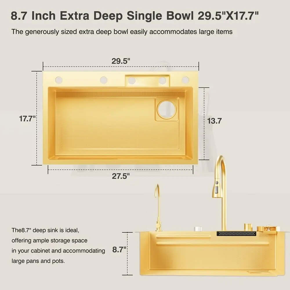 Flying Rain Stainles Steel Waterfall Kitchen Sink with Pull Out Faucet Gold 29.5 INCH