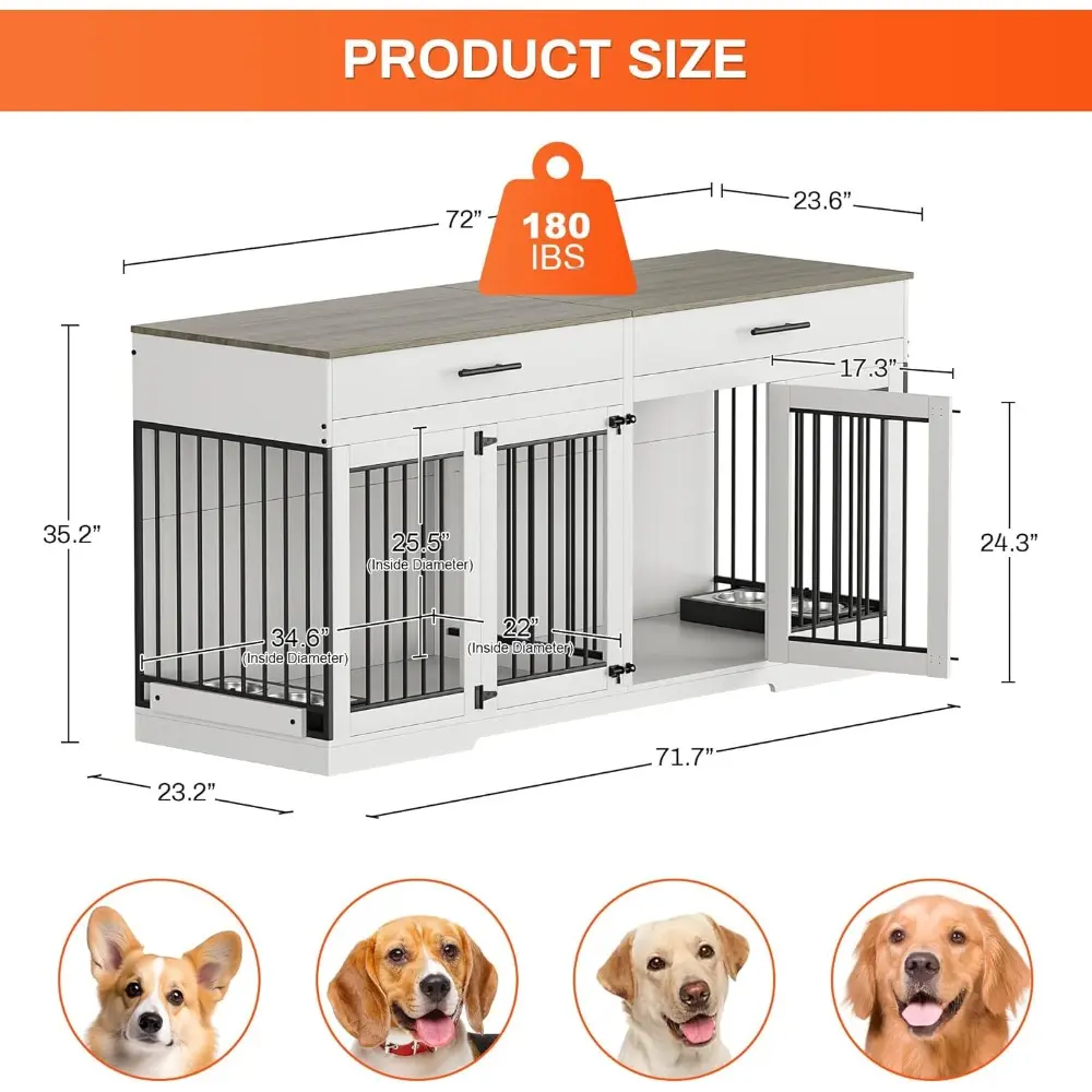 72" Dog Crate Furniture for 2 Dogs, Large Dog Kennel Furniture with 2 Storage Drawers and Removable Divider, Indoor Wooden Dog