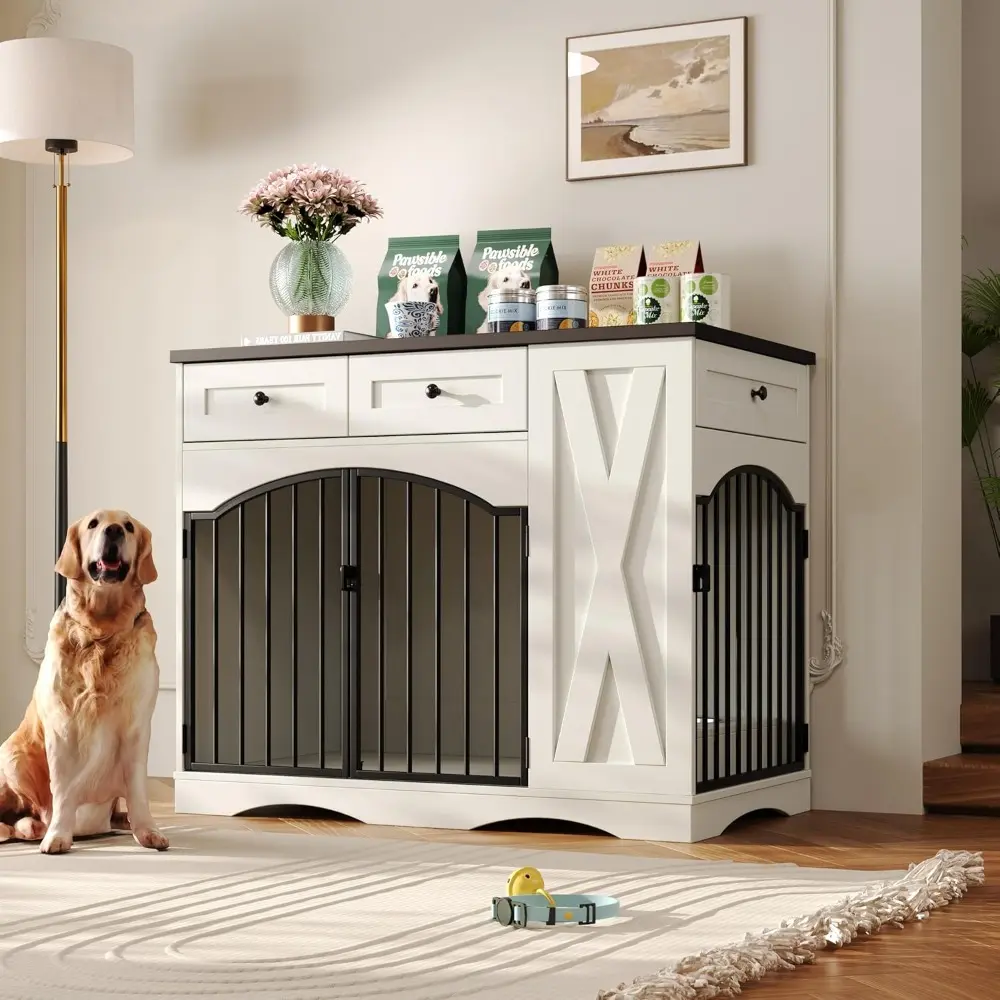 43.3" Farmhouse Dog Crate Furniture, Heavy Duty Dog Crate with 3 Drawers, Indoor Wooden Dog Kennel with Removable Feeder,