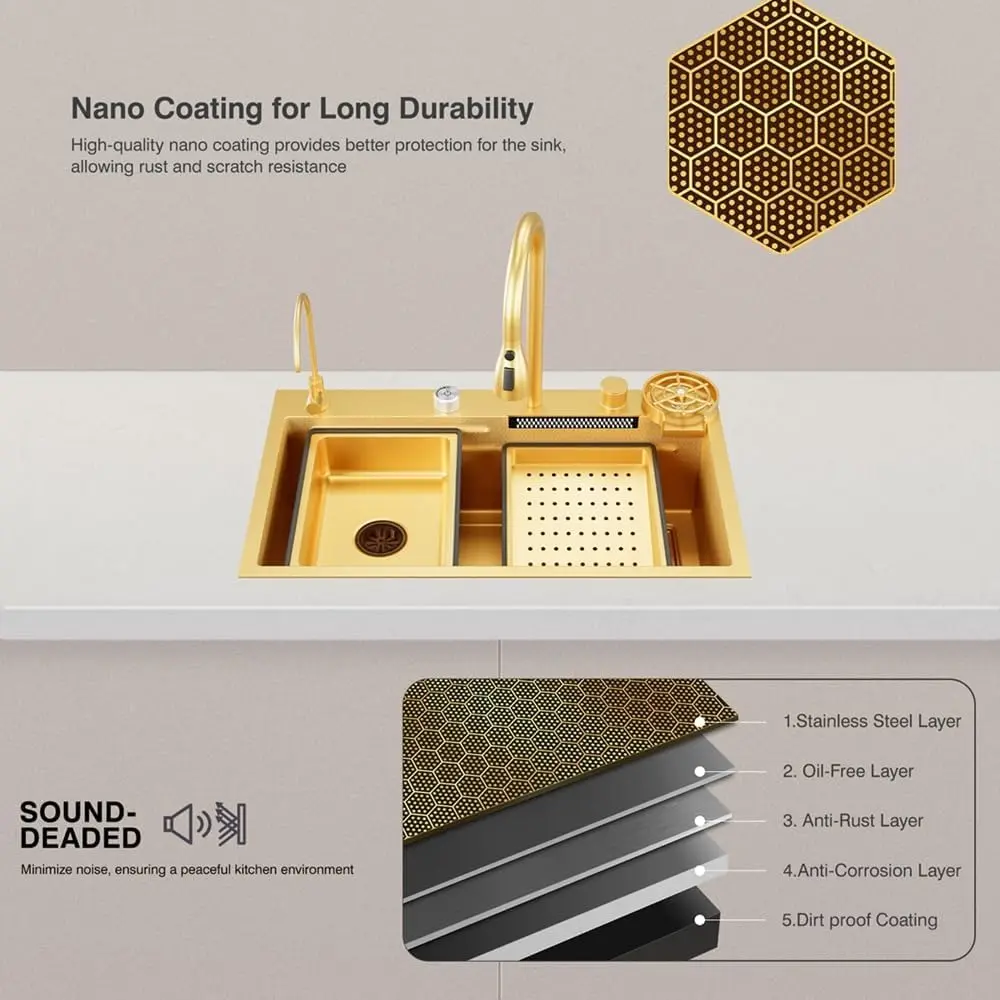 Flying Rain Stainles Steel Waterfall Kitchen Sink with Pull Out Faucet Gold 29.5 INCH