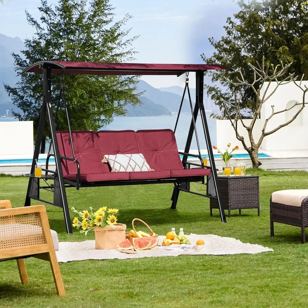 3-Seat Outdoor Patio Swing Chair, Deluxe Outdoor Patio Porch Swing with Weather Resistant Steel Frame, Adjustable Tilt Canopy f