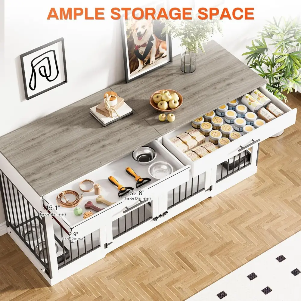 72" Dog Crate Furniture for 2 Dogs, Large Dog Kennel Furniture with 2 Storage Drawers and Removable Divider, Indoor Wooden Dog