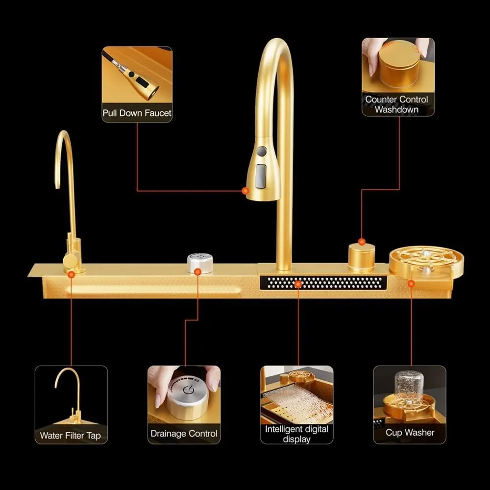 Flying Rain Stainles Steel Waterfall Kitchen Sink with Pull Out Faucet Gold 29.5 INCH