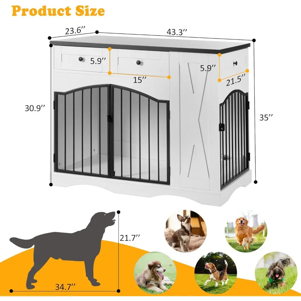 43.3" Farmhouse Dog Crate Furniture, Heavy Duty Dog Crate with 3 Drawers, Indoor Wooden Dog Kennel with Removable Feeder,