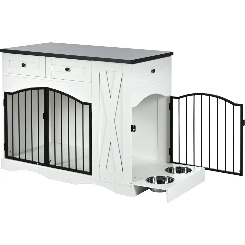 43.3" Farmhouse Dog Crate Furniture, Heavy Duty Dog Crate with 3 Drawers, Indoor Wooden Dog Kennel with Removable Feeder,