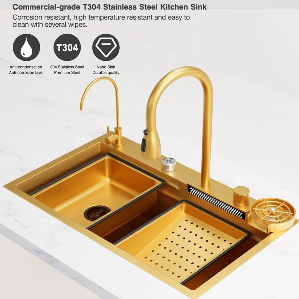 Flying Rain Stainles Steel Waterfall Kitchen Sink with Pull Out Faucet Gold 29.5 INCH