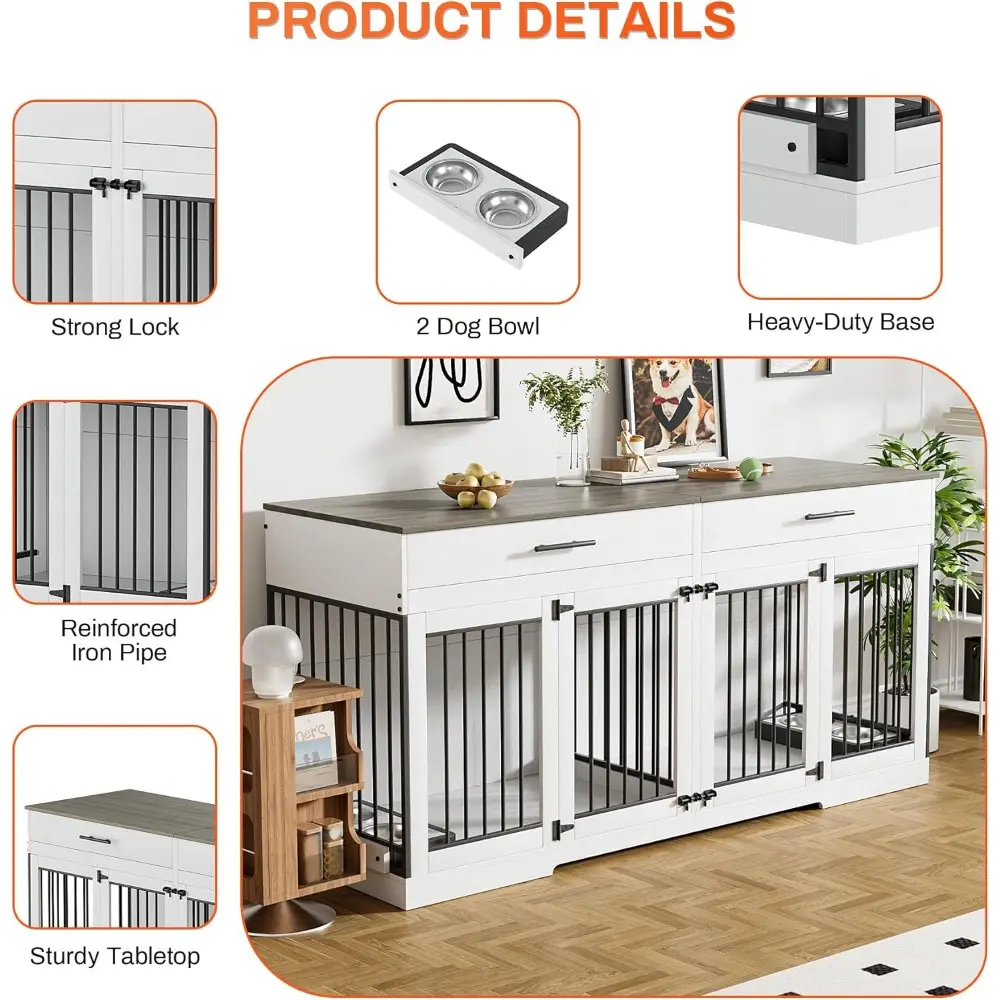72" Dog Crate Furniture for 2 Dogs, Large Dog Kennel Furniture with 2 Storage Drawers and Removable Divider, Indoor Wooden Dog