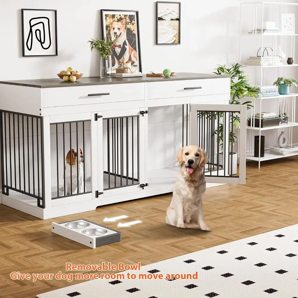72" Dog Crate Furniture for 2 Dogs, Large Dog Kennel Furniture with 2 Storage Drawers and Removable Divider, Indoor Wooden Dog